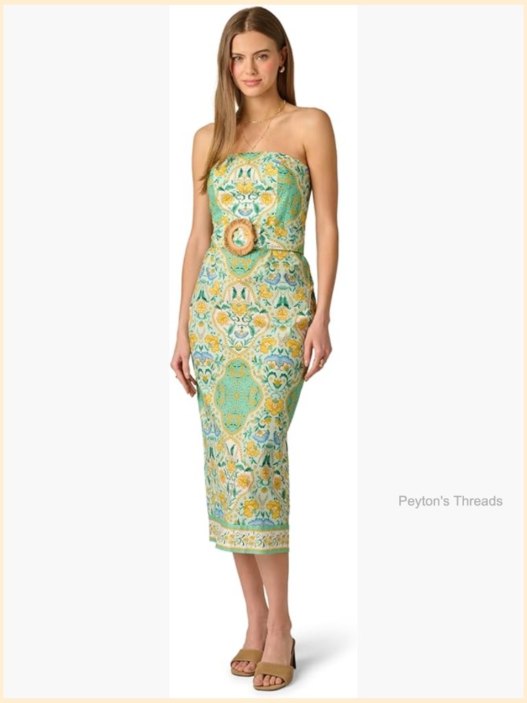 Crochet Sheath Midi Dress With Belt And Tile Print